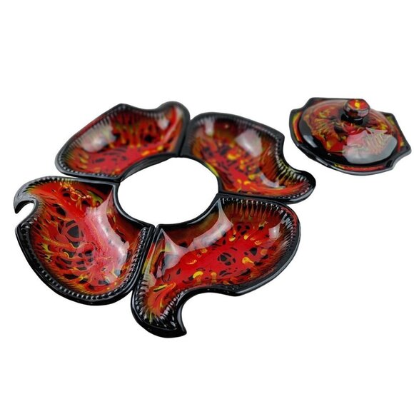 MCM Relish Platter/Dish 5Parts Red/Orange Black Multi Color 50/60"s Calf Pottery - Picture 3 of 12